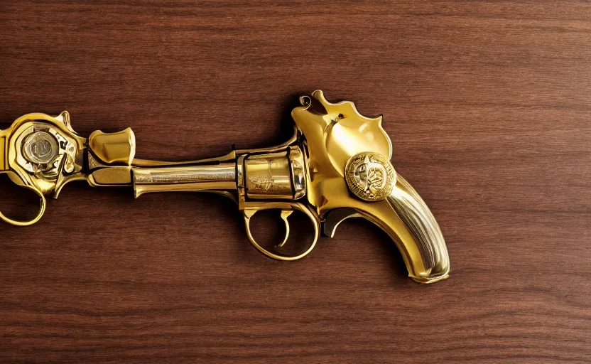 Prompt: shiny golden revolver laying on a wooden table, complex, high detail