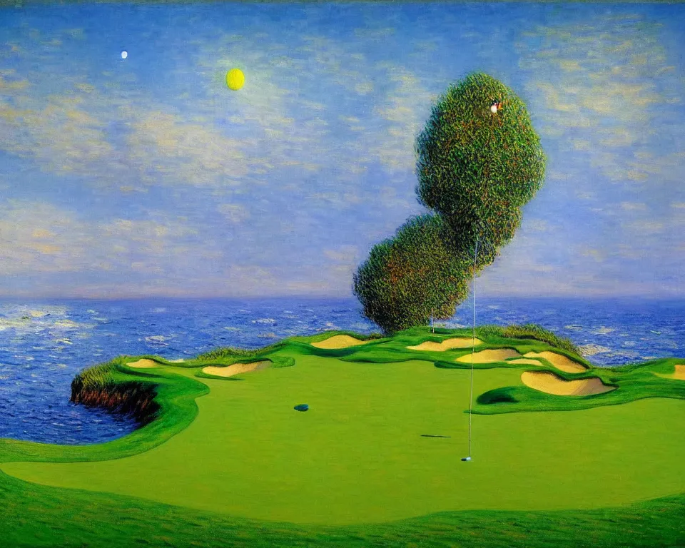 Prompt: achingly beautiful painting of pacific dunes golf by rene magritte, monet, and turner.