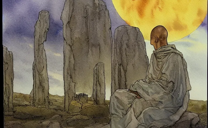 Image similar to a hyperrealist watercolor fantasy concept art of giant monk with a long forehead in grey robes sitting in stonehenge. in the background a ufo is in the sky. by rebecca guay, michael kaluta, charles vess