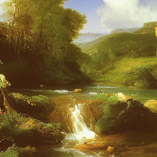 Prompt: The stream is a metaphor for life. It is always moving forward, even though it may meander. An oil painting by Thomas Cole