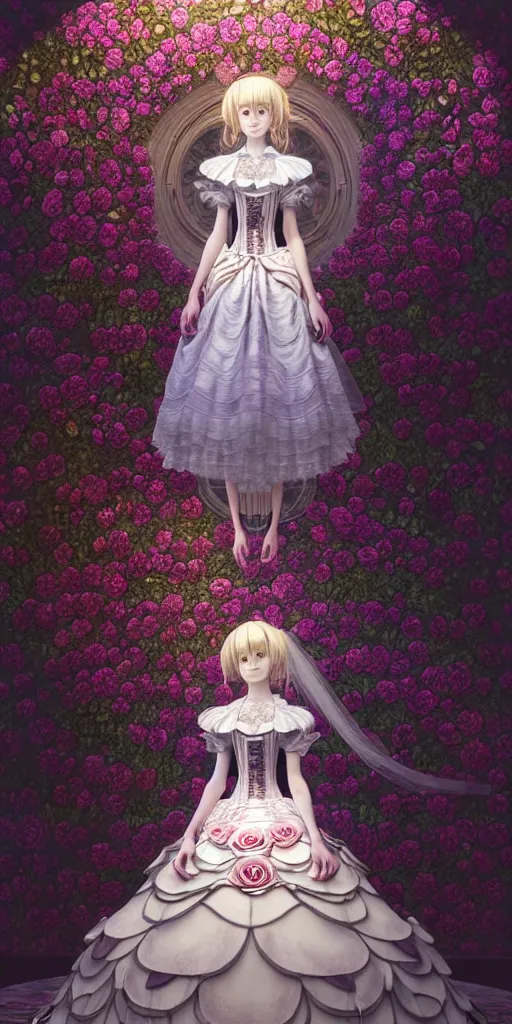 Image similar to the beautiful hyperdetailed physical rendering of a single rose flower wedding gothic lolita dress clothing design display in show in front of your eyes, perfectly shaded, atmospheric lighting, in the style of makoto shinkai, raphael lacoste louis comfort tiffany, stanley artgerm lau, wlop, rossdraws, 8 k hd, fine texture structure, 3 drender,