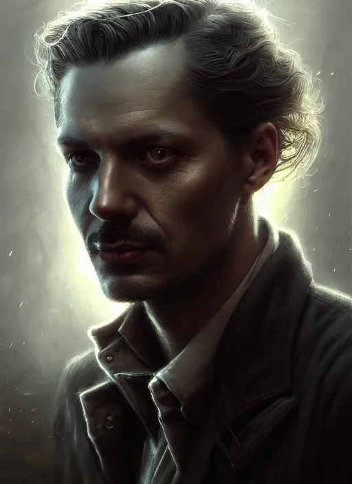 Prompt: closeup portrait shot of a noir detective in a scenic dystopian environment, intricate, elegant, highly detailed, centered, digital painting, artstation, concept art, smooth, sharp focus, illustration, artgerm, tomasz alen kopera, peter mohrbacher, donato giancola, joseph christian leyendecker, wlop, boris vallejo