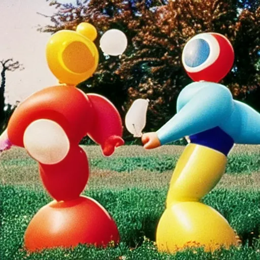 Prompt: Still from an Agnes Varda film about two housewives dressed as inflatable toys running away from their problems, Technicolor 1980