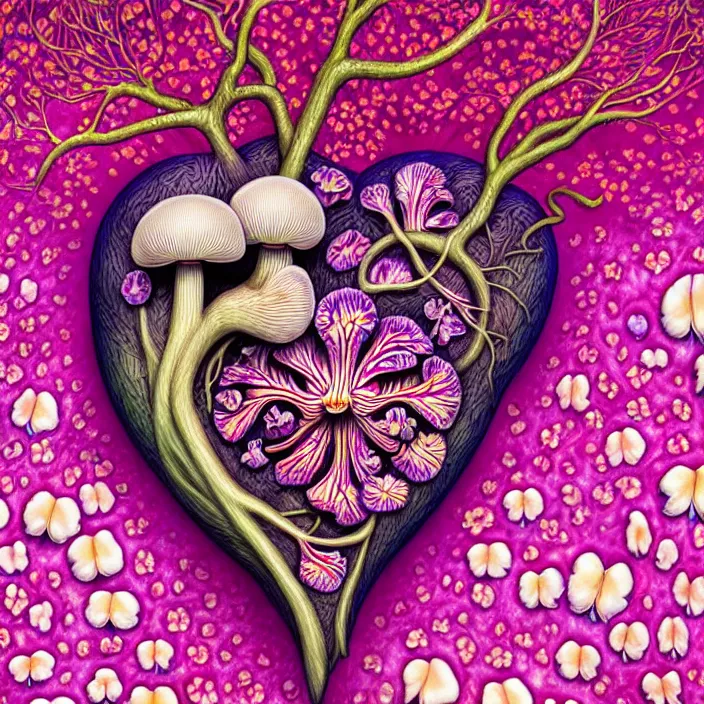 Image similar to extremely psychedelic organic human heart made of orchid and cherry blossom tree and mushroom, LSD, diffuse lighting, fantasy, intricate, elegant, highly detailed, lifelike, photorealistic, digital painting, artstation, illustration, concept art, smooth, sharp focus, art by John Collier and Albert Aublet and Krenz Cushart and Artem Demura and Alphonse Mucha