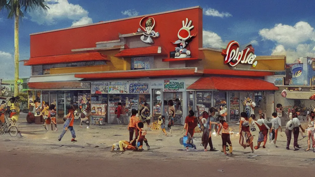 Prompt: Jollibee City after the swag demons attacked, street scene, wide shot, by Moebius, Renoir