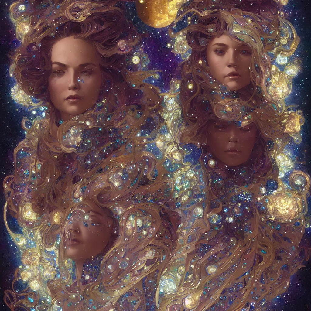 Prompt: portrait of a cosmic goddess, suit made out of stars and galaxies and cosmic energy, intricate, headshot, highly detailed, digital painting, artstation, concept art, sharp focus, cinematic lighting, illustration, art by artgerm and greg rutkowski, alphonse mucha, cgsociety