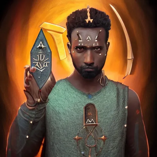 Prompt: Actor Bharkis Abdi as a wizard with runes on body, trending artstation