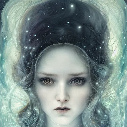 Image similar to Beautiful Delicate dark art Detailed full head portrait of snow woman, With Magical grey eyes by Tom Bagshaw, Bastien Lecouffe Deharme, Erik Johansson, Amanda Sage, Alex Grey, Alphonse Mucha, Harry Clarke, Josephine Wall and Pino Daeni, Delicate winter frozen creature With long white grey windy Hair and Magical Sparkling Eyes, Magic Particles; Magic Swirls, in a out of this world magical frozen landscape, 4K; 64 megapixels; 8K resolution concept art; detailed painting; digital illustration; hyperrealism; trending on Artstation; Unreal Engine Photorealistic, lifelike, Unreal Engine, sharp, sharpness, detailed, 8K