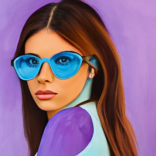 Image similar to closeup painting of a very beautiful young mexican woman with light blue shutter shades, one side haircut, long brown hair with light blue ends, purple leather jacket