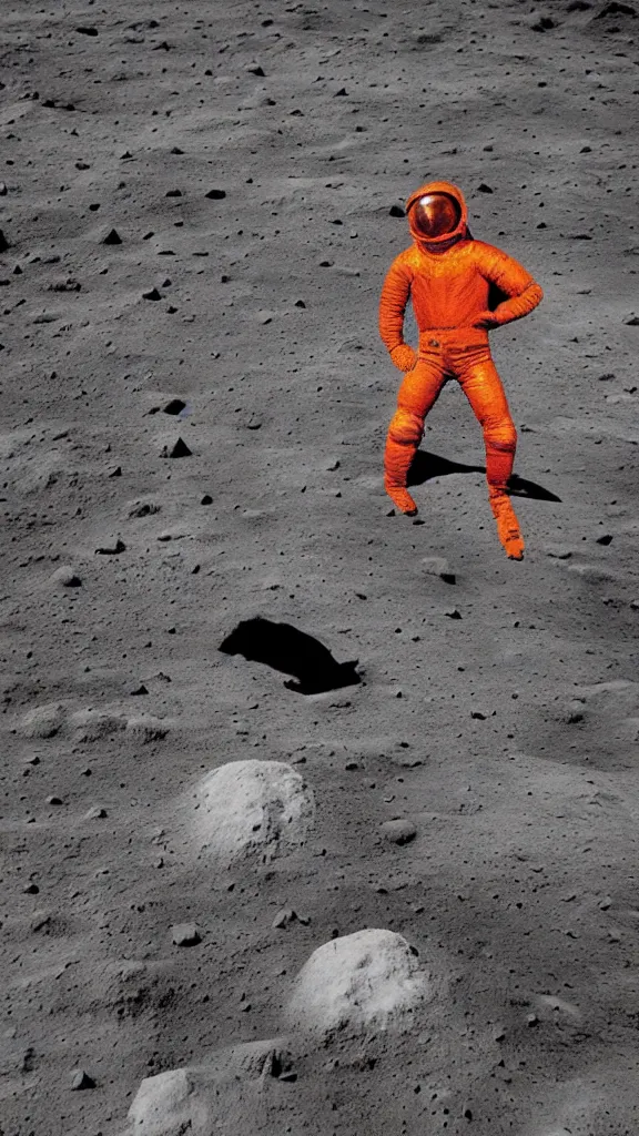 Image similar to a magma man stands on the moon, rocks covering his body