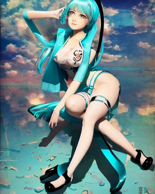 Image similar to Hatsune Miku full body pin up modeling in idol unioform, with a park in the back ground, post war style, detailed face, american postcard art style, by Gil Elvgren and Randolph Stanley Hewton and Charlie Bowater