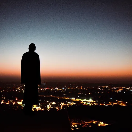 Image similar to arab man overlooking Riyadh city at night silhouette dramatic, dark, superhero