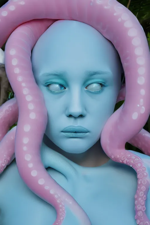 Prompt: full head and shoulders, beautiful porcelain female person, smooth, delicate facial features, big detailed eyes, white lashes, wearing a pale blue swimming cap and pale pink swimming costume, 3 d white large octopus tentacles by daniel arsham and james jean