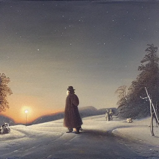 Image similar to if on a winters night a traveler, a beautiful painting by carl gustav friedrich