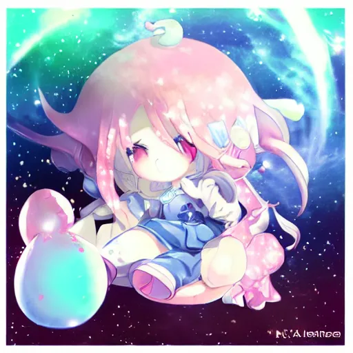 Image similar to cute fumo plush blasted into the cold depths of space, anime girl