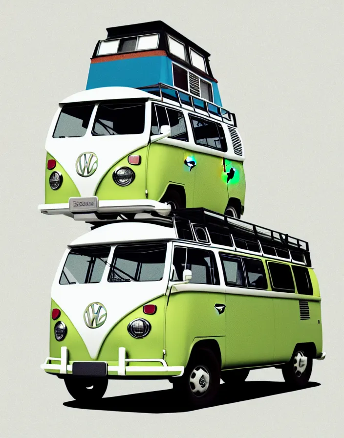 Prompt: front view vw camper touring rural japan, a collage painting, in the style of wes anderson, lola dupre, david hockney, isolated on negative white space background dark monochrome fluorescent spraypaint accents volumetric octane render, not double decker