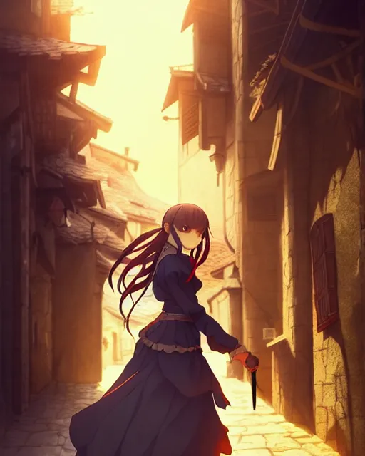 Image similar to pixiv, key anime visual portrait of a young female walking through a medieval village, dynamic pose, dynamic perspective, cinematic, dramatic lighting, detailed silhouette, film grain, yoshitaka amano, tending on artstation, face by yoh yoshinari, detailed, intricate