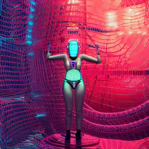 Prompt: swimming through a pile of modular synth cables, empathy machines, and vr headsets to see a kawaii puerto rican goddess staring through the mothership of your souls, wearing a headpiece made of circuit boards, by alastair reynolds and stanley kubrick, pink, trending on artstation, cinematic, 3 d render, photorealistic