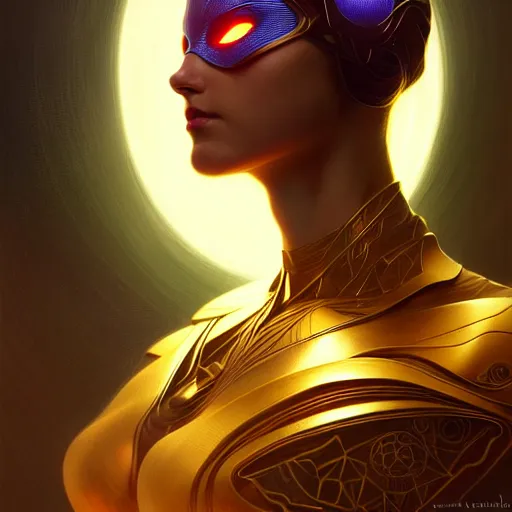 Image similar to superhero, sci fi, glowing eyes, volumetric lights, gold theme, art nouveau botanicals, intricate, highly detailed, digital painting, artstation, concept art, smooth, sharp focus, cinematic, illustration, beautiful face, art by artgerm and greg rutkowski and alphonse mucha