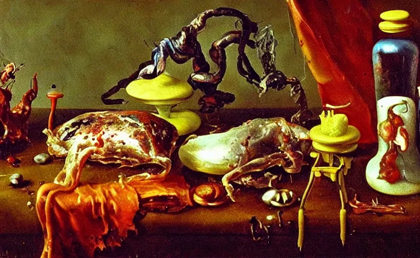 Image similar to disturbing colorful oil painting dutch golden age vanitas still life sparse composition interesting scaling with bizarre objects strange gooey transparent surfaces shiny metal reflections bizarre mutant meat insects rachel ruysch dali todd schorr very detailed perfect composition rule of thirds masterpiece canon 5 0 mm, cinematic lighting, photography, retro, film, kodachrome