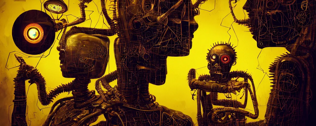 Image similar to dark scifi illustration 3 / 4 portrait of a robot reading necronomicon. cinematic lighting mad scientist style. golden ratio accidental renaissance. in the style of dave mckean and jean michel basquiat. graffiti art, trippy, scifi, fantasy, hyper detailed. octane render. concept art. trending on artstation