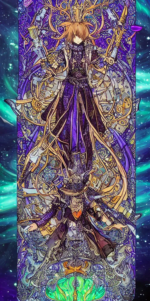 Image similar to a mage from final fantasy 14, intricate, amazing line work, cosmic, psychedelic, cheerful, colorful, tarot cards,