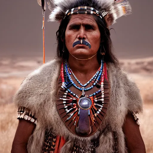 Image similar to portrait of navaho warrior in the 19th century, depth of field, zeiss lens, detailed, symmetrical, centered, fashion photoshoot, by Annie Leibovitz and Steve McCurry, David Lazar, Jimmy Nelsson, Breathtaking, 8k resolution, extremely detailed, beautiful, establishing shot, artistic, hyperrealistic, beautiful face, octane render