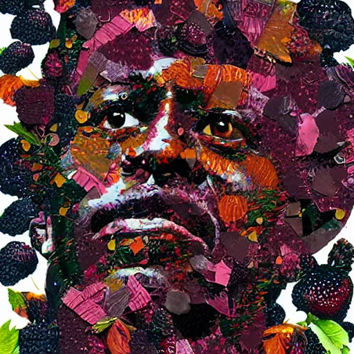 Prompt: a portrait of of chuck berry constructed from berries, collage, drop shadow, organic, layered composition, layers, texture, mcu, highly textured, layered, sculpted, dynamic,