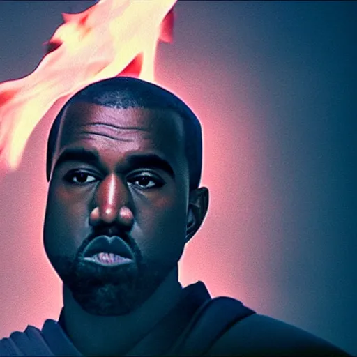 Image similar to cinematic film still of Kanye West starring as a Japanese Sensei with fire, Japanese CGI, VFX, 2003, 40mm lens, shallow depth of field, film photography