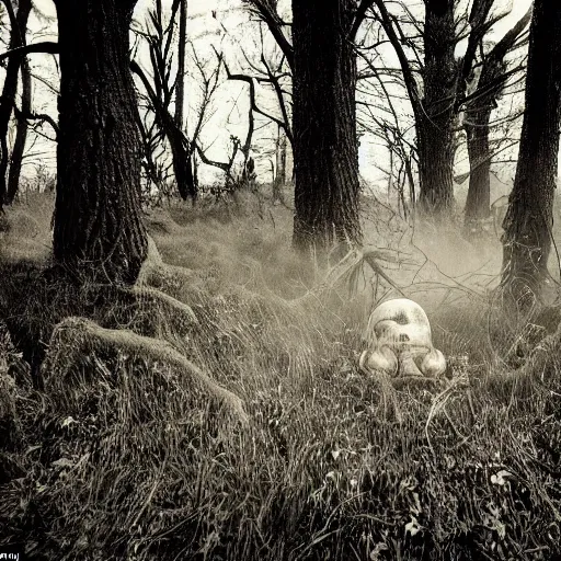 Prompt: horror, photography, cinematic, a pale creeping tangle of human limbs with tufts of hair and deformed features, emerges from the edge of a forest into a field, disturbing, unsettling