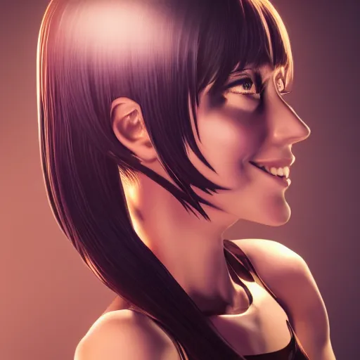 Image similar to full body character, beautiful anime woman smiling, symmetrical eyes, symmetrical face, symmetrical nose, tattooed, geometric lighting : : octane render, 8 k resolution, high quality, digital art, fantasy