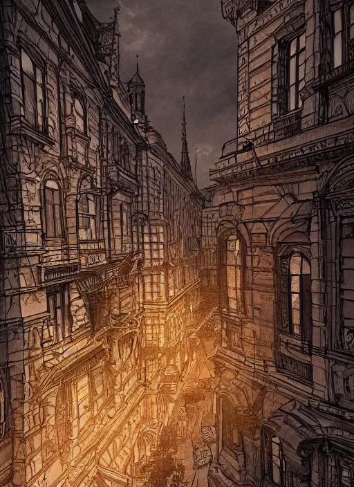 Image similar to Budapest , Dynamic lighting, cinematic, extremely high detail, photo realistic, cinematic lighting, pen and ink, intricate line drawings, post processed, artstation, matte painting, style by Paru Itagaki