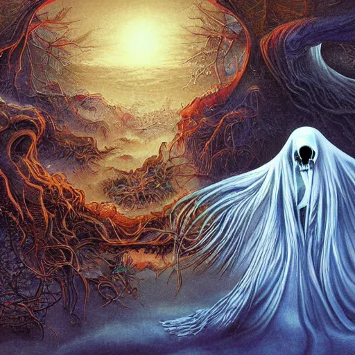 Image similar to hyper - detailed painting of ghostly character composition in the style of artist chris mars, in a landscape