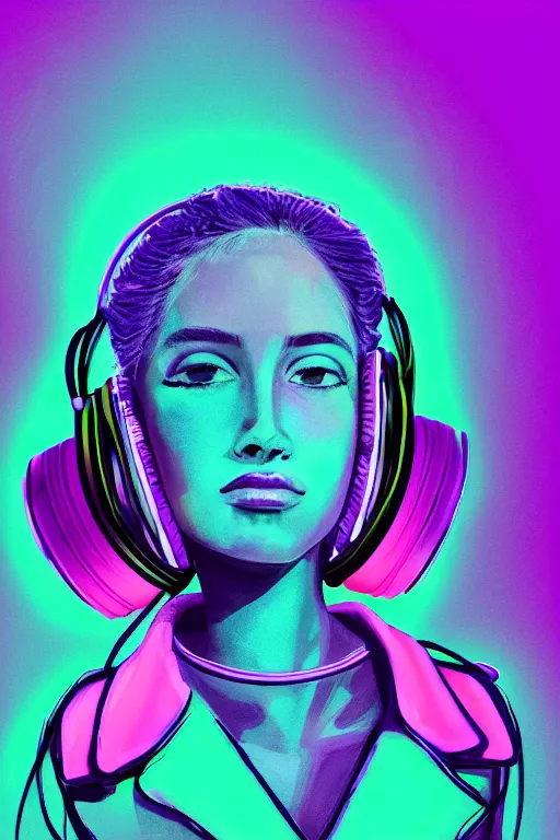 Prompt: a award winning half body portrait of a beautiful woman with stunning eyes in a croptop denim jacket and cargo pants with ombre purple pink teal hairstyle dancing with headphones on her ears by thomas danthony, surrounded by whirling illuminated lines, outrun, vaporware, shaded flat illustration, digital art, trending on artstation, highly detailed, fine detail, intricate