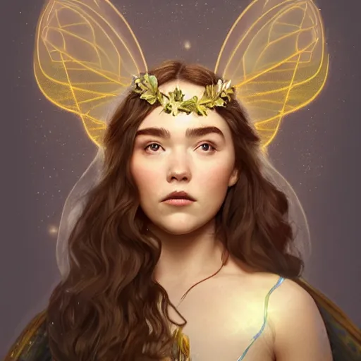 Image similar to florence pugh as the goddess of fairies!!!!!!, golden ratio!!!!!, centered, trending on artstation, 8 k quality, cgsociety contest winner, artstation hd, artstation hq, luminous lighting