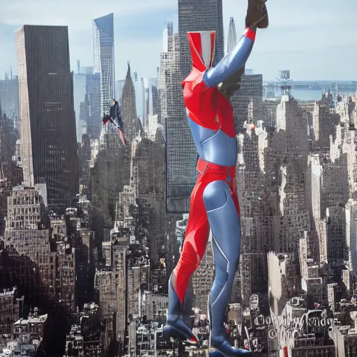 Prompt: giant ultraman walking on new york building!, post apocalyptic, cinematic,