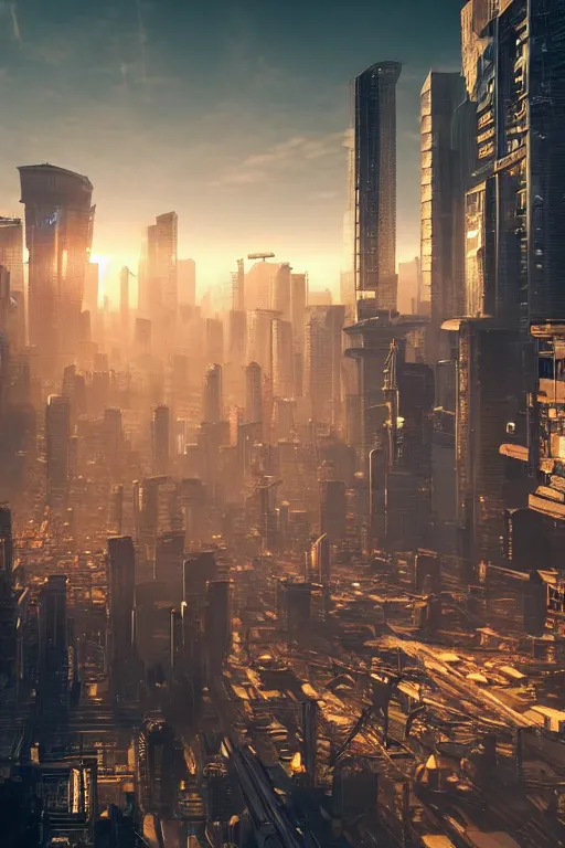 Image similar to cyberpunk cityscape like tokyo nework with tall buildings at dusk golden hour cinematic lighting, epic composition. A golden daylight, hyper-realistic environment. Hyper and intricate detail, photo-realistic. Cinematic and volumetric light. Epic concept art. Octane render and Unreal Engine, trending on artstation