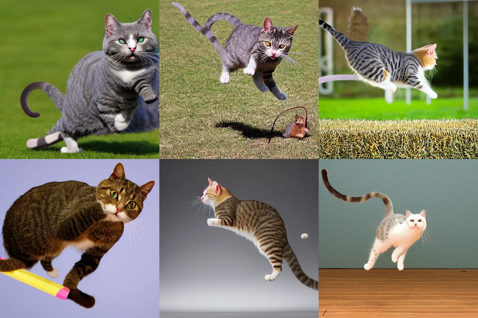 Prompt: British short hair cat jumping over a large mouse