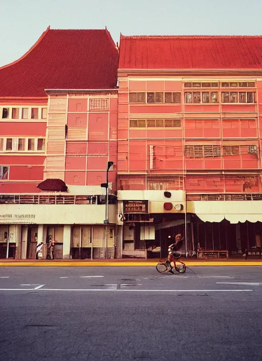 Image similar to minimalist street photography by wes anderson and by ansel adams, singapore cbd, portra 4 0 0, intense shadows, warm hue, golden hour