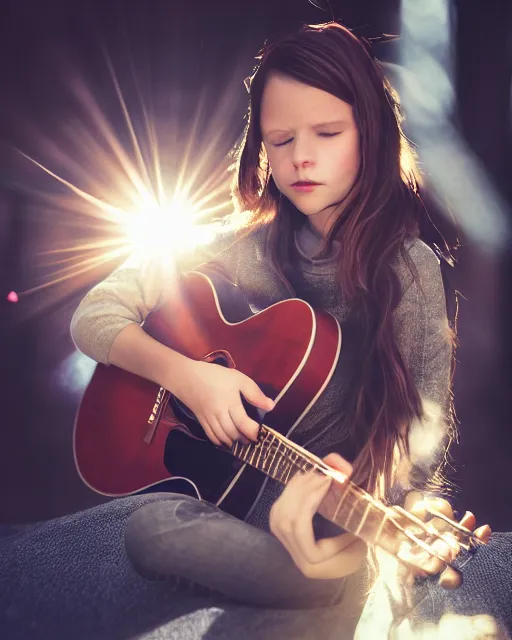 Prompt: beautiful photograph hd detailed cinematic acoustic guitar girl portrait in alex ross technoir kubrick leica zeiss depth of field lens flare style trending on flickr