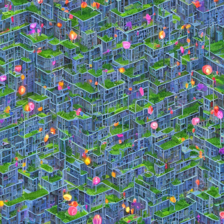 Image similar to body cells are like an apartment building, in each cell there is everyday life, parties, movement, artistic, beautiful and cute, low poly, high quality, detailed, 8 k resolution