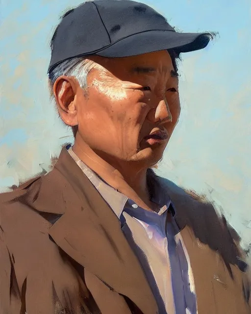 Image similar to greg manchess portrait painting of asian middle age man on moped motorbike burning, medium shot, asymmetrical, profile picture, organic painting, sunny day, matte painting, bold shapes, hard edges, street art, trending on artstation, by huang guangjian and ail elvgren and sachin teng