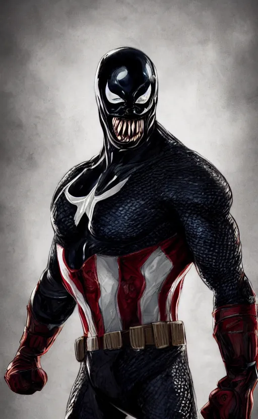 Image similar to full body portrait of venom as captain america, dynamic lighting, cinematic, ultra detailed, trending on art station, stunning visuals, creative, fantasy concept art