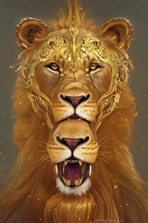 Image similar to a beautiful lion, gold jewellery, dnd, fantasy, intricate, elegant, highly detailed, digital painting, artstation, concept art, smooth, sharp focus, illustration, art by artgerm and greg rutkowski and alphonse mucha