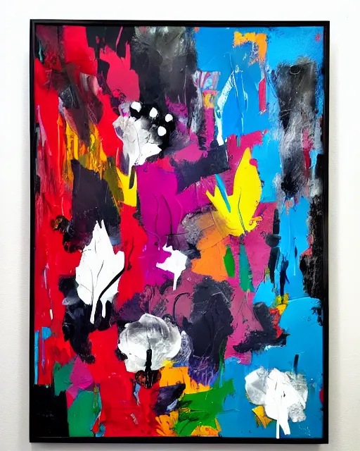 Image similar to abstract expressionist painting, paint drips, acrylic, wildstyle, clear shapes, maximalism, smeared flowers, large triangular shapes