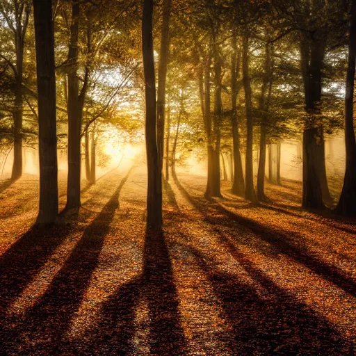 Image similar to shot in 7 0 mm, daydream, rustic autumn trees in the countryside, textured 3 d, intense detail, hyperealism, foggy morning, sun shines upon it, 4 k