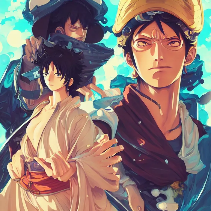 Image similar to anime portrait one piece, futuristic science fiction, mucha, hard shadows and strong rim light, art by jc leyendecker and atey ghailan and sachin teng