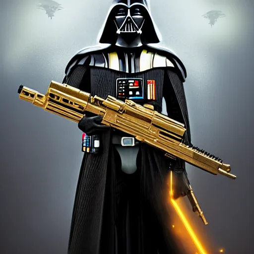 Image similar to gold bordered portrait of darth vader holding a golden ak - 4 7, hyper realistic, surreal, gothic, cyberpunk, nightcore, 4 k, highly detailed, beautifully rendered