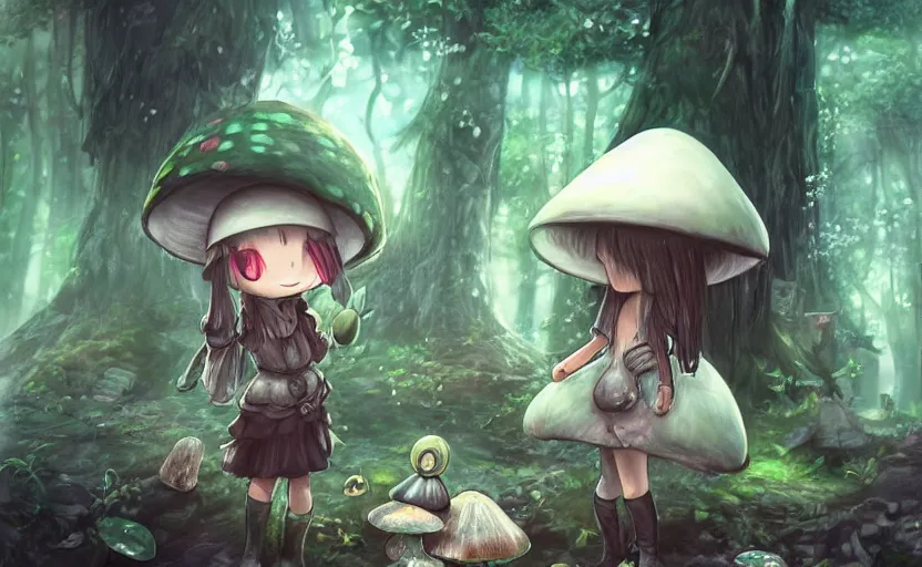 Prompt: cute little girl with an long black hair wearing an mushroom hat in the dark forest next to a sinister monster, cute artwork, clean detailed art, inspired by made in abyss, detailed background, fantastic world