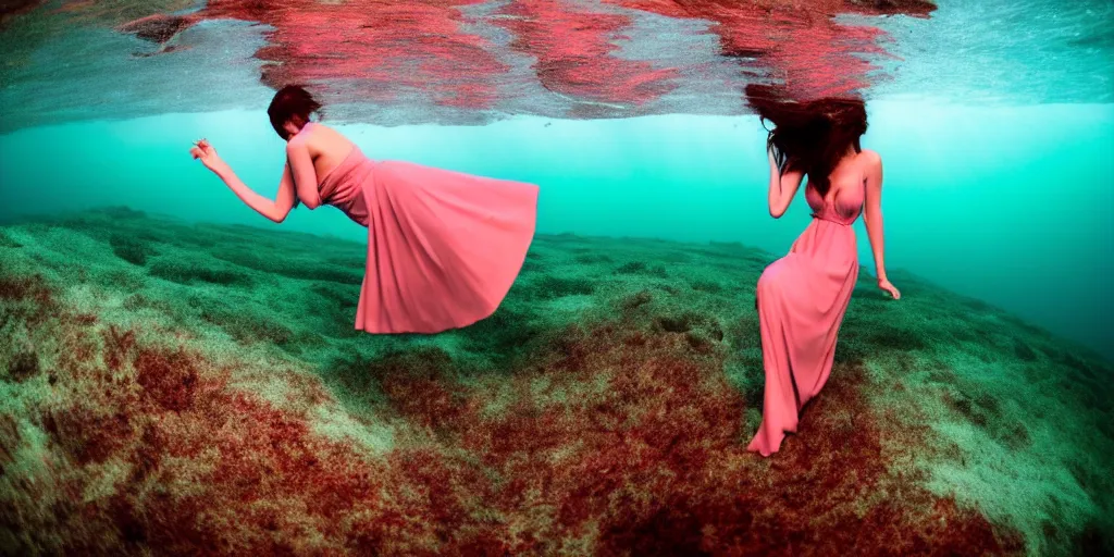 Image similar to deep underwater photography of beautiful model in flat dress by emmanuel lubezki